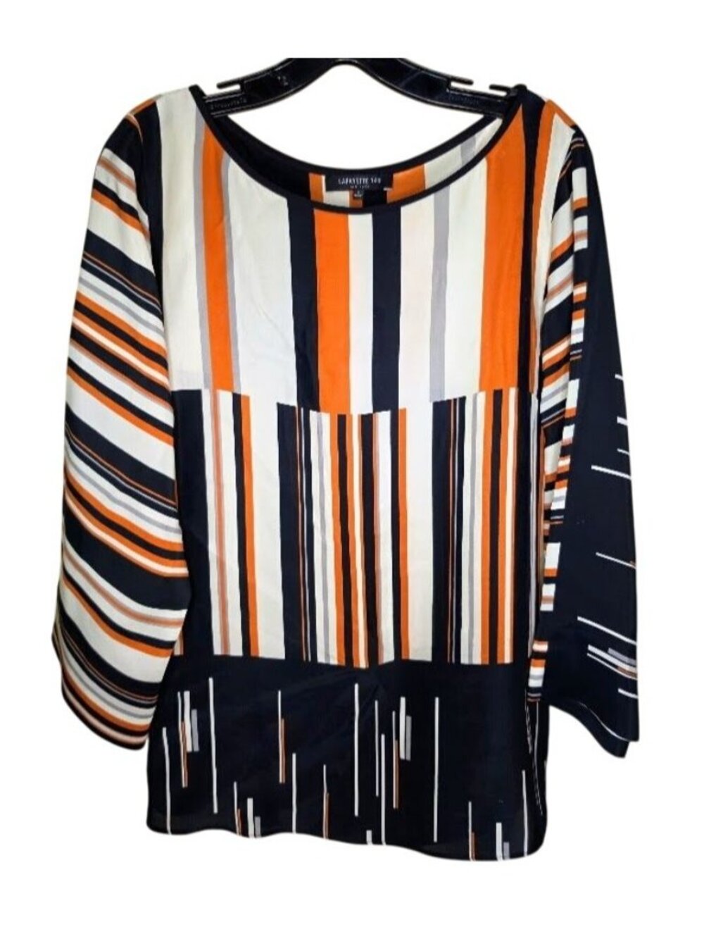Lafayette 148 New York 100% Silk Geometric Stripe Blouse Size L Luxury Top